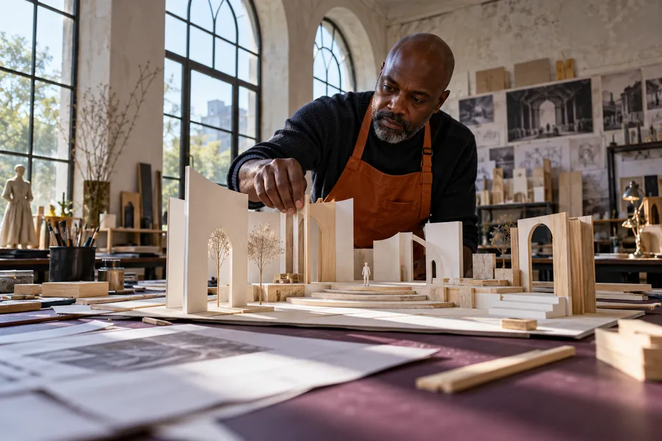Adult maker building a small architectural model