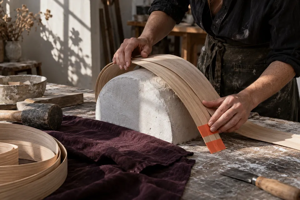 Hands bending thin timber strips into a model