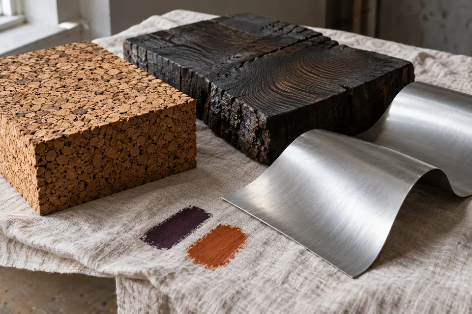 Cork, timber and aluminium samples compared on a table