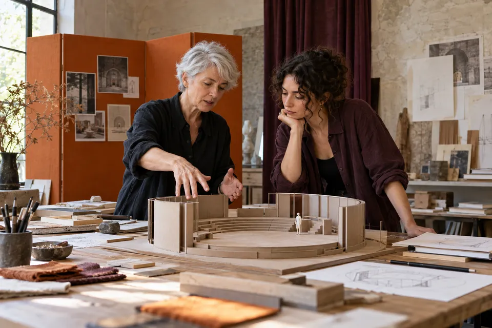 Adults examining a cardboard spatial model
