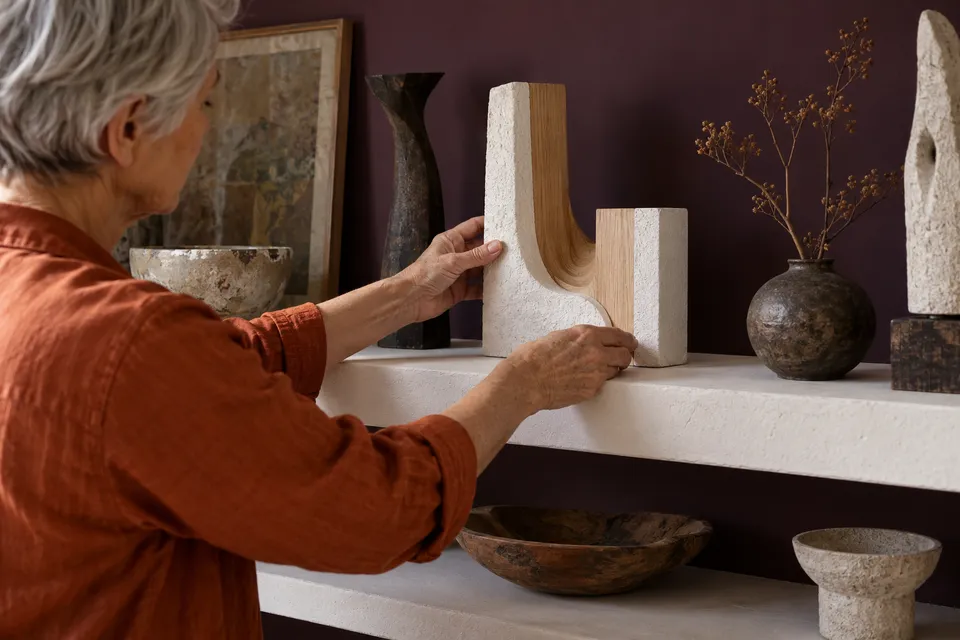 A small timber and plaster object placed on a shelf