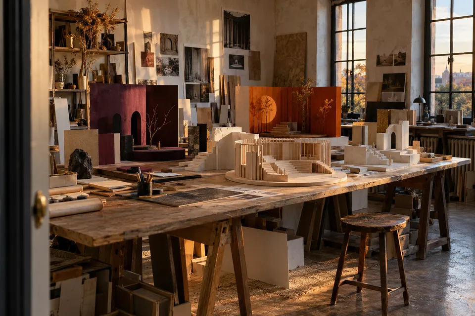 A studio worktable displaying several maquettes