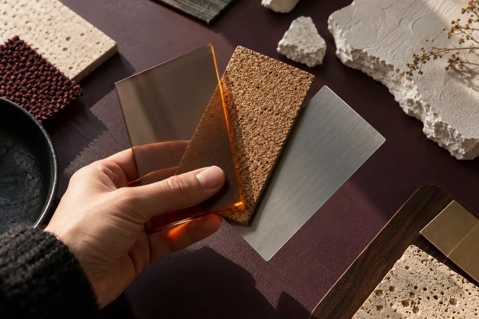 Translucent acrylic, cork and metal compared by hand