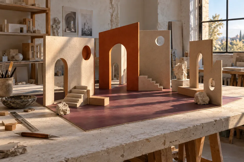 Staged miniature installation with openings and cast shadows